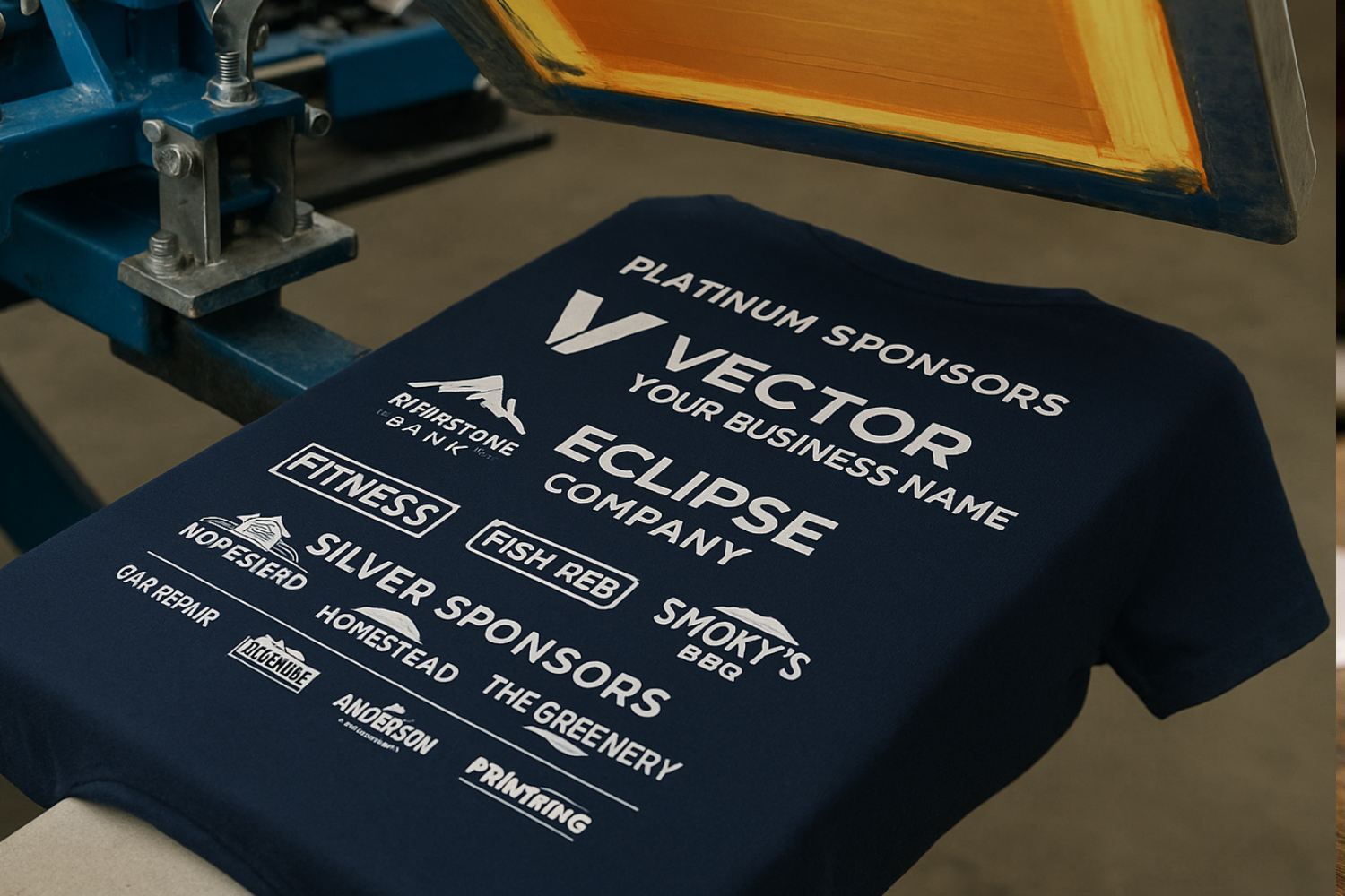 Lots of sponsor logos printed on the back of a t-shirt on a printing press.