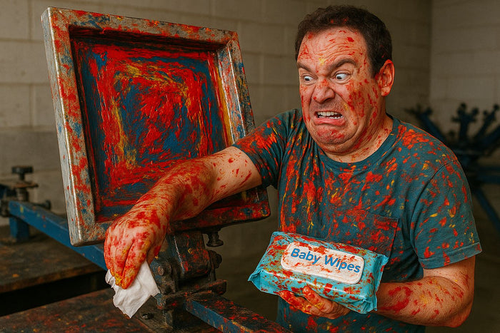 Bungee separated screen printing screens on a metal rack