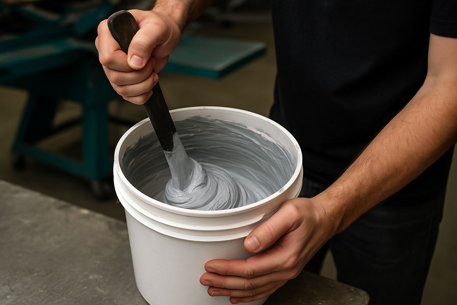 someone mixing screenprinting ink by hand in a bucket