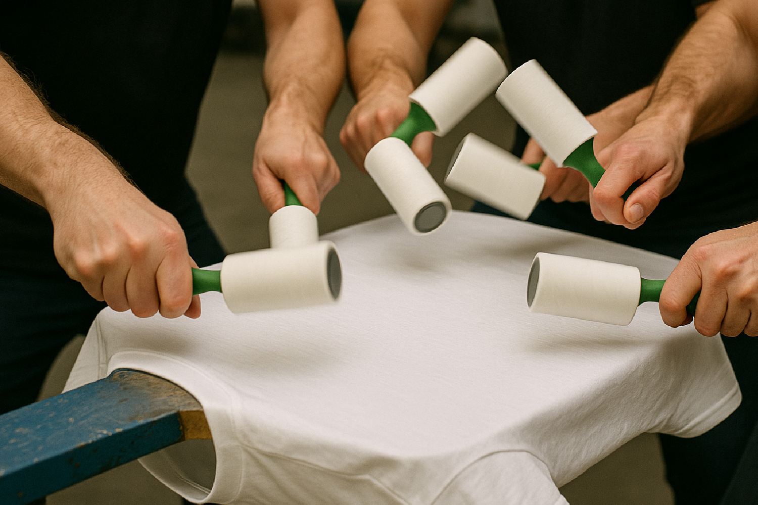three people comically lint rolling the same t-shirt on a pallet