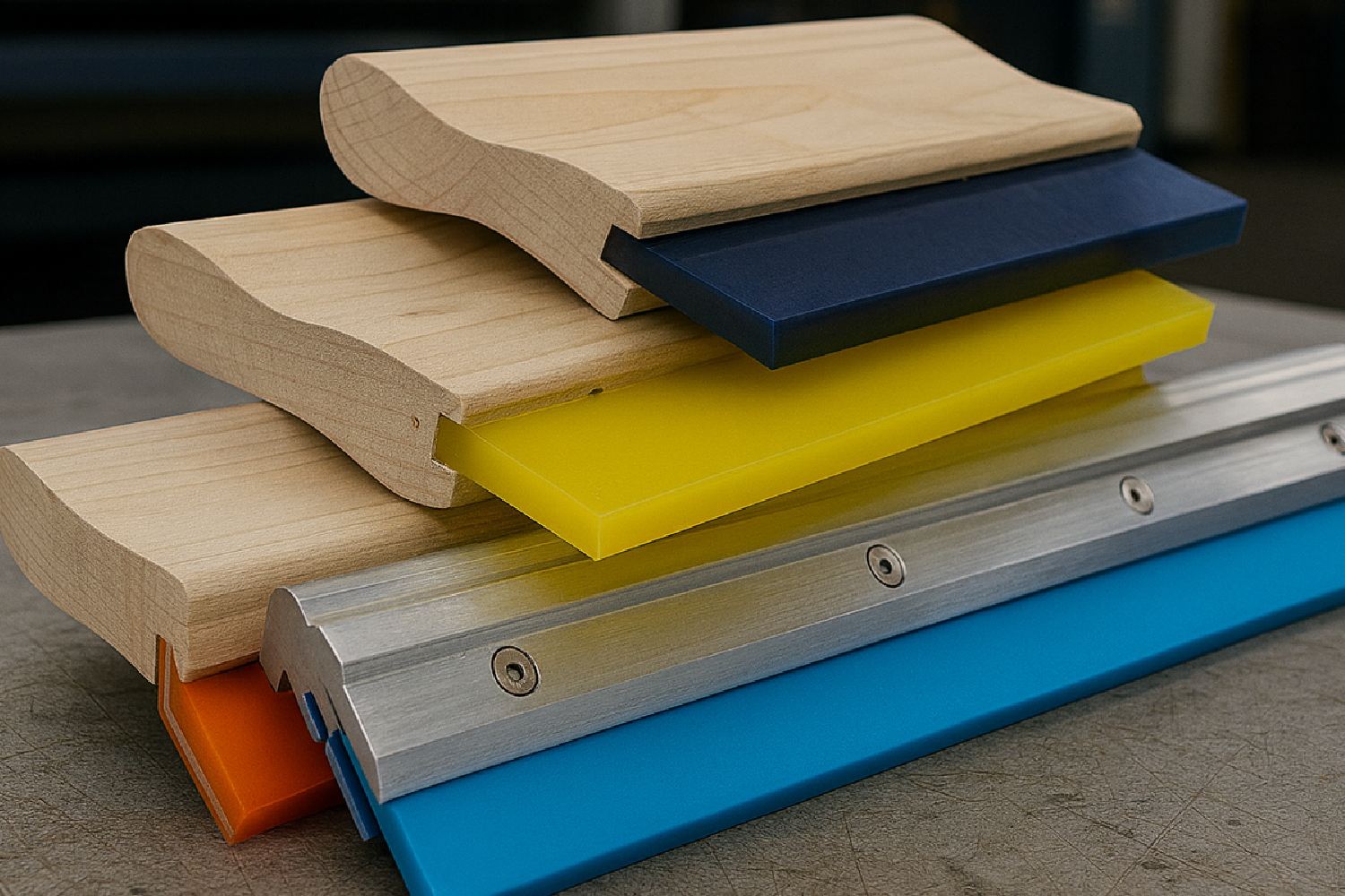 pile of various screen printing squeegees