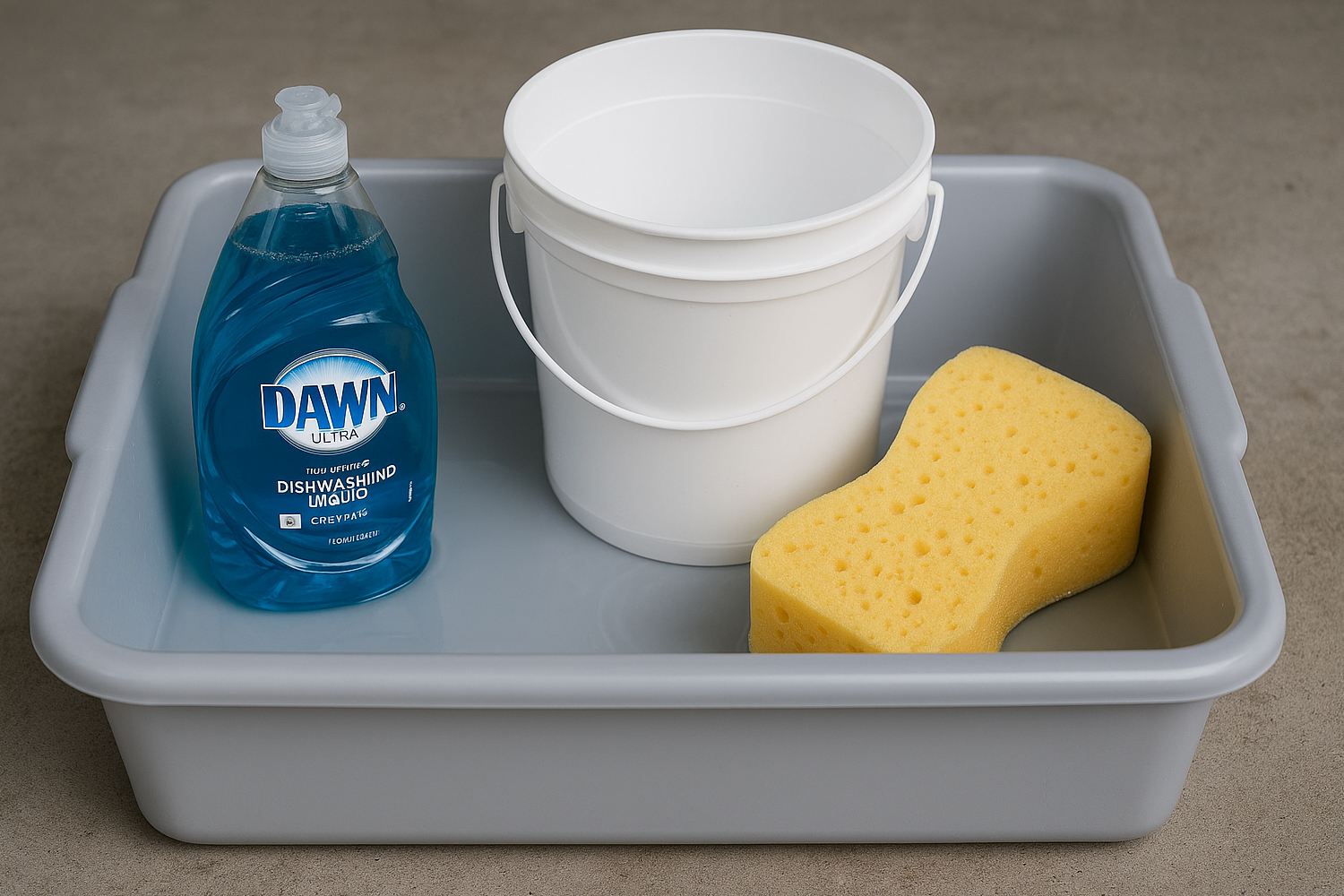 a restaurant busser tray with a bucket, dawn soap and car wash sponge