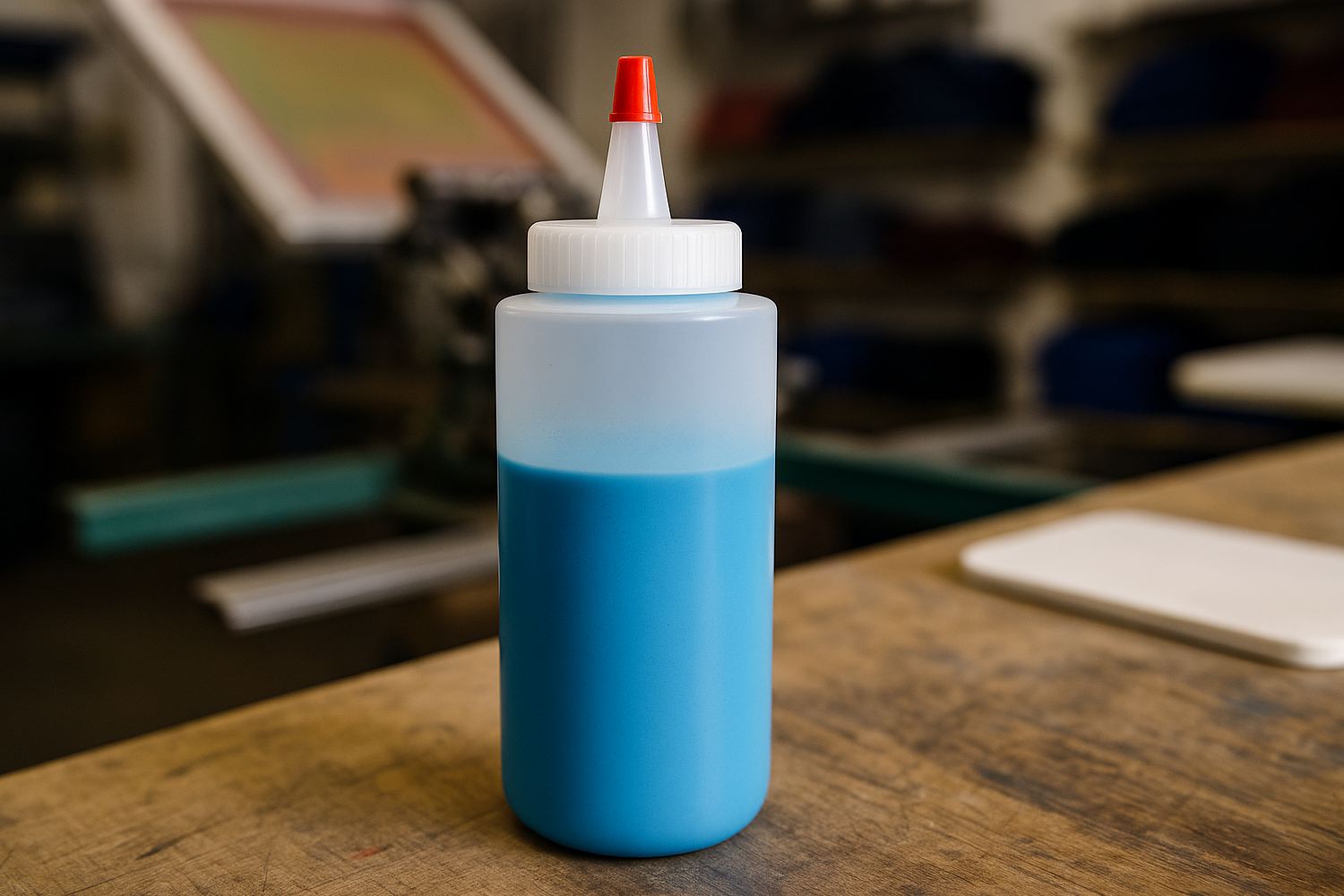 Screen printing pigment in a squeeze bottle.